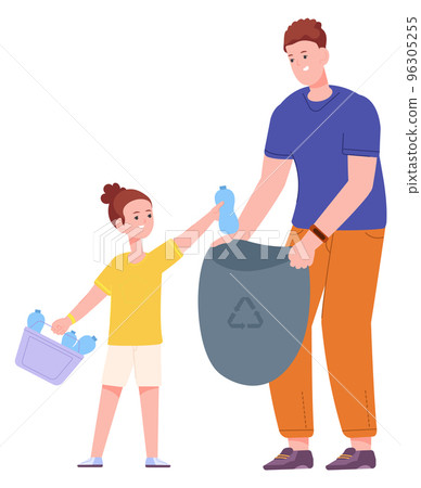 Daughter helping dad collecting trash. Garbage throwing together 96305255