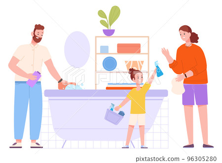 Family cleaning bathroom together. Kid helping with housework routine Family cleaning bathroom together. Kid helping with housework routine 96305280
