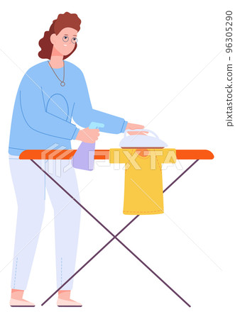 Woman ironing clothes on board. Househwork routine 96305290