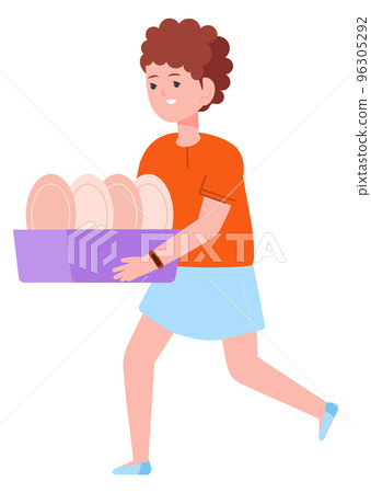 Kid running with clean dishes box. Kid helping parents 96305292