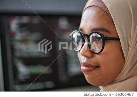 Close-up of face of young confident Muslim intern in hijab and eyeglasses standing in front of camera against computer screen with data Close-up of face of young confident Muslim intern in hijab and eyeglasses standing in front of camera against computer screen with data 96305467