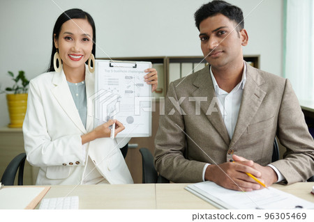 Smiling businesswoman showing chart with five business changes she developer in team with colleagues Smiling businesswoman showing chart with five business changes she developer in team with colleagues 96305469