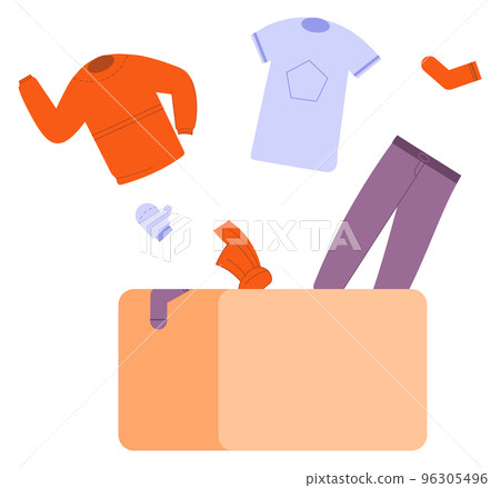 Clothes falling in cardboard box. Packing things for moving or storage 96305496