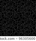 Abstract seamless pattern with geometric rounded ornament. Thin white lines, chaotic waves, loops, curls on a dark black background. Bi-colour sleek design. Texture for wallpaper, fabric, wrapper. 96305600