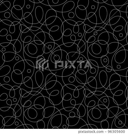 Abstract seamless pattern with geometric rounded ornament. Thin white lines, chaotic waves, loops, curls on a dark black background. Bi-colour sleek design. Texture for wallpaper, fabric, wrapper. 96305600