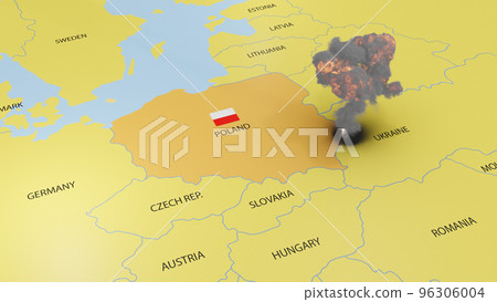 explosion on the Polish border, invasion of Poland, war, map of Europe, Polish flag, bomb explosion mushroom, Nuclear explosion. Danger of nuclear war illustration in Poland, 3d rendering 96306004