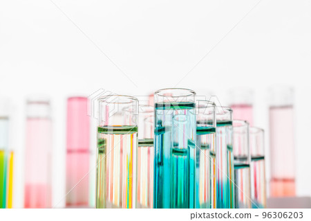 Still life in laboratory. Test tubes with colorful chemicals 96306203