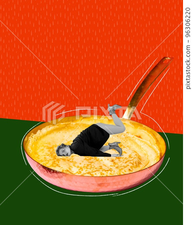 Food pop art photography. Contemporary art collage. Young woman lying on pan with sweet pancakes. Breakfast time. Surrealism 96306220