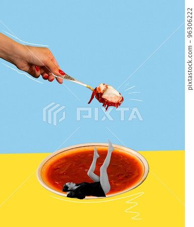 Food pop art photography. Contemporary art collage. Young girl lying on traditional ukrainian dish - borscht. Beetroot vegetable soup 96306222