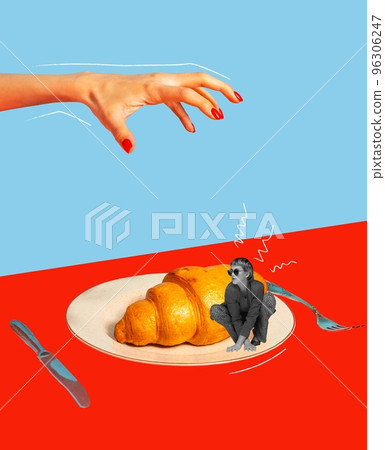 Food pop art photography. Contemporary art collage. Young girl sitting on late near freshly baked croissant. Yummy breakfast Food pop art photography. Contemporary art collage. Young girl sitting on late near freshly baked croissant. Yummy breakfast 96306247