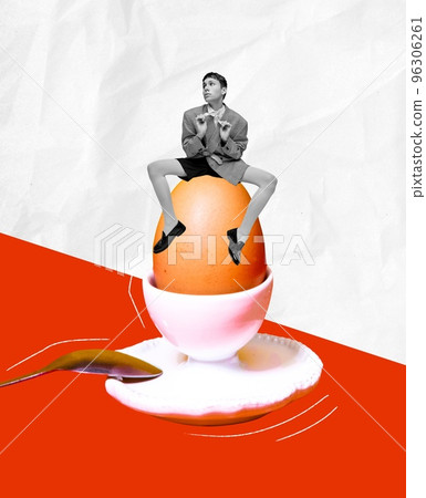 Food pop art photography. Contemporary art collage. Stylish young boy sitting on boiled egg. Popular breakfast. Surreal design Food pop art photography. Contemporary art collage. Stylish young boy sitting on boiled egg. Popular breakfast. Surreal design 96306261