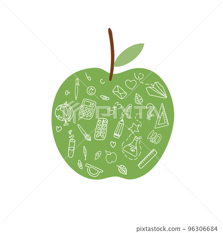School design with green apple and learning materials. Doodle. Vector illustration 96306684