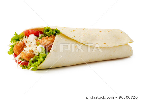 Tortilla wrap with fried chicken meat and vegetables isolated on white background 96306720