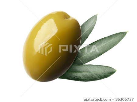 Close up of olives with olive leaves isolated on white 96306757