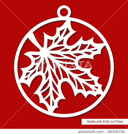 White openwork maple leaf in circle on red background. Christmas ball, halloween hanging decoration, key chain, pendant. Template for plotter laser cutting of paper, metal engraving, wood carving, cnc 96306780