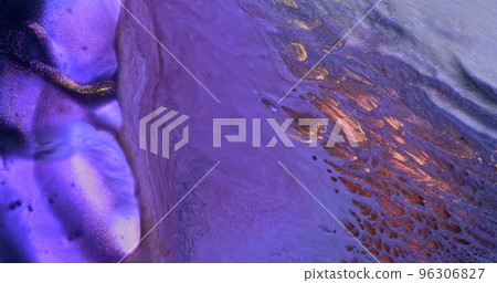 Purple gold paint. Flowing lilac color glitter paint texture. Fluid art painting abstract. Shine colorful vertical liquid flow. Luxury glamor golden background. Diagonal glow stripes pattern 96306827
