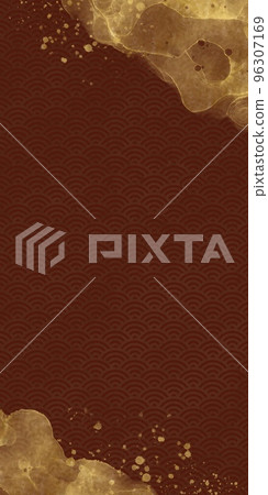 日式垂直抽像模板)紅色背景上的金色青海波和酒精水墨藝術波框 日式垂直抽像模板)紅色背景上的金色青海波和酒精水墨藝術波框 96307169