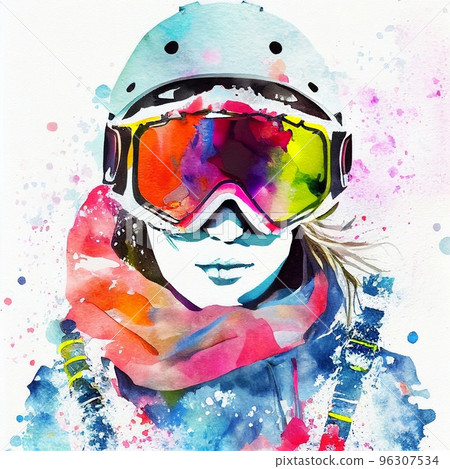 Jumping snowboarder. Watercolor illustration of a woman on a snowboard. Snowboarding 96307534