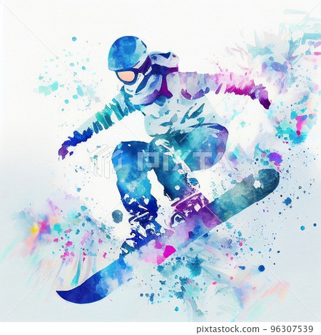 Jumping snowboarder. Watercolor illustration of a woman on a snowboard. Snowboarding 96307539