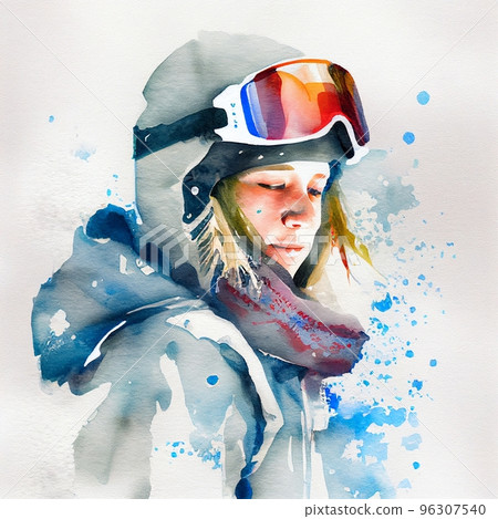 Jumping snowboarder. Watercolor illustration of a woman on a snowboard. Snowboarding 96307540