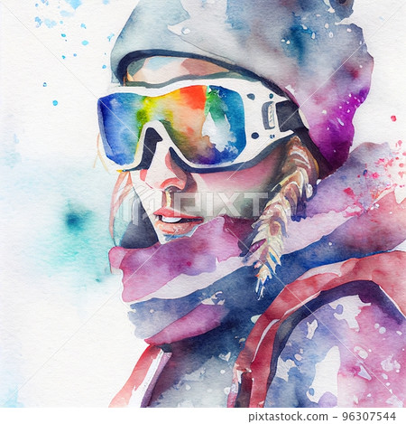Jumping snowboarder. Watercolor illustration of a woman on a snowboard. Snowboarding 96307544