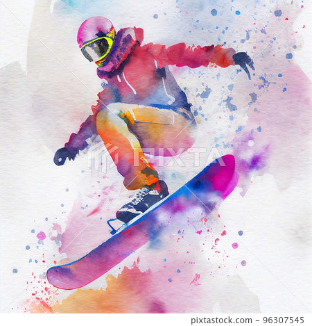 Jumping snowboarder. Watercolor illustration of a woman on a snowboard. Snowboarding 96307545