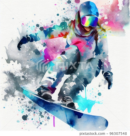 Jumping snowboarder. Watercolor illustration of a woman on a snowboard. Snowboarding 96307548
