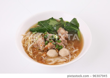 Local Thai food , Noodle with meat ball and pork isolated in white background Local Thai food , Noodle with meat ball and pork isolated in white background 96307945