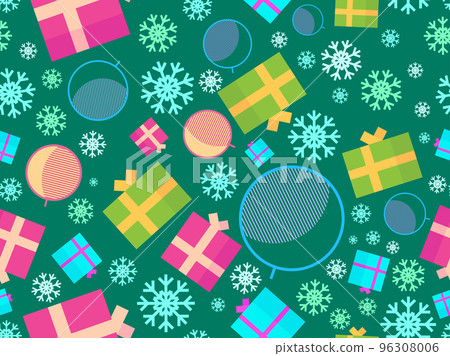 Christmas seamless pattern with Christmas balls, snowflakes, 3d gift boxes. Christmas pattern in memphis geometric style. Xmas design for printing and banner. Vector illustration Christmas seamless pattern with Christmas balls, snowflakes, 3d gift boxes. Christmas pattern in memphis geometric style. Xmas design for printing and banner. Vector illustration 96308006