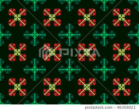 Snowflakes seamless pattern. Ornament with Christmas multicolored snowflakes. Snowflakes of green and red color. Xmas design for print, wrapping paper and posters. Vector illustration 96308021