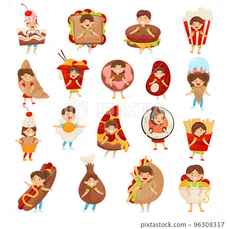 Cute kids wearing fast food costumes set. Happy little children dressed as hamburger, pizza, hot dog, croissant, donut, french fries cartoon vector Cute kids wearing fast food costumes set. Happy little children dressed as hamburger, pizza, hot dog, croissant, donut, french fries cartoon vector 96308317