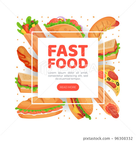 Fast food landing page, website. Tasty dishes, sandwich, burgers, pizza, taco and hot dog web banner for restaurant or cafe cartoon vector Fast food landing page, website. Tasty dishes, sandwich, burgers, pizza, taco and hot dog web banner for restaurant or cafe cartoon vector 96308332