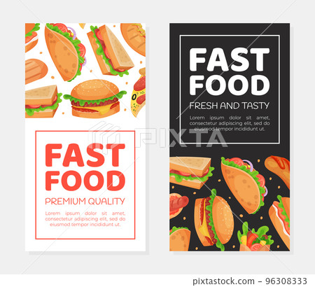 Fast food restaurant or cafe menu, flyer, promotional leaflet, page cover. Sandwich, burgers, pizza, taco and hot dog cartoon vector Fast food restaurant or cafe menu, flyer, promotional leaflet, page cover. Sandwich, burgers, pizza, taco and hot dog cartoon vector 96308333