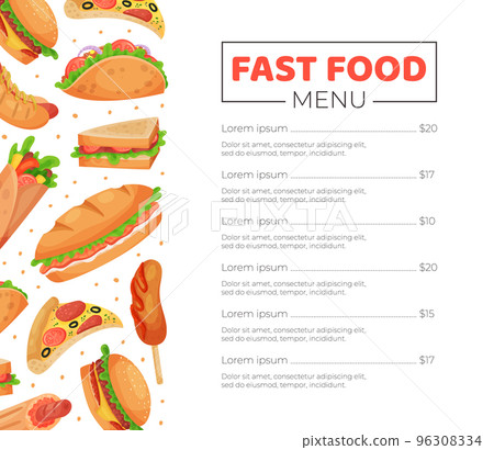 Fast food menu template. Restaurant or cafe menu layout brochure decorated with traditional tasty fast food dishes cartoon vector Fast food menu template. Restaurant or cafe menu layout brochure decorated with traditional tasty fast food dishes cartoon vector 96308334