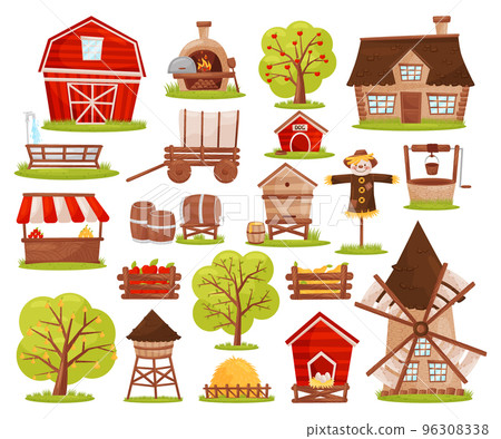 Set of farm objects set. Red barn, farmhouse, scarecrow, well, wooden market counter, fruit tree cartoon vector Set of farm objects set. Red barn, farmhouse, scarecrow, well, wooden market counter, fruit tree cartoon vector 96308338