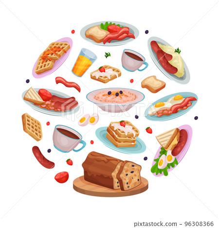 Tasty dishes for English breakfast of circular shape. Traditional breakfast meal backdrop, packaging, banner, poster desgn cartoon vector Tasty dishes for English breakfast of circular shape. Traditional breakfast meal backdrop, packaging, banner, poster desgn cartoon vector 96308366