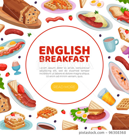 English breakfast web banner. Traditional breakfast dishes landing page, website cartoon vector 96308368