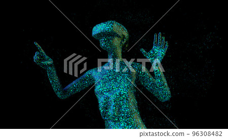 Metaverse concept. Woman with VR virtual reality goggles is working. 3D render. Metaverse concept. Woman with VR virtual reality goggles is working. 3D render. 96308482
