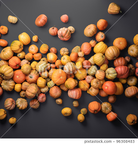 Autumn composition of orange pumpkins on gray table background. Autumn composition of orange pumpkins on gray table background. 96308483