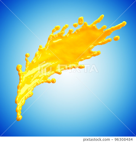 orange juice splash isolated on blue background 96308484