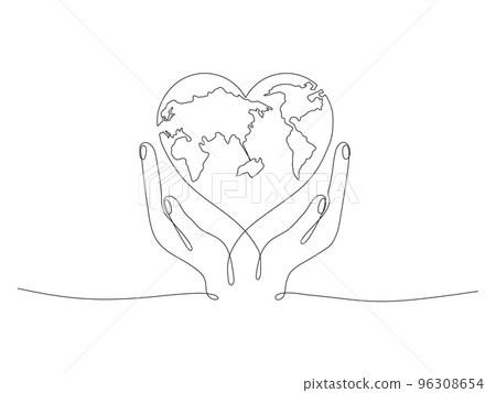 Human hands holding Earth globe continuous line art drawing. 96308654