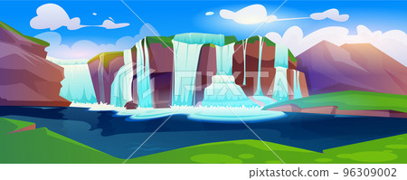 Jungle forest cartoon landscape with waterfall 96309002
