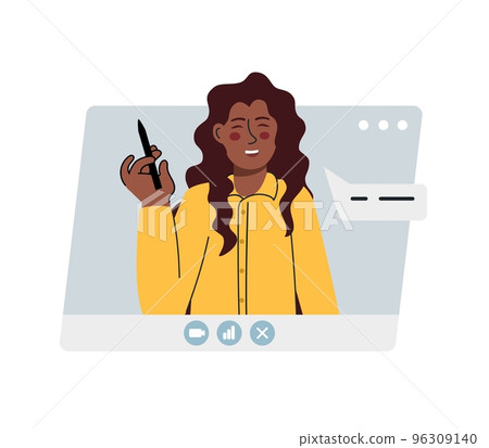 Virtual remote work. Window with a girl office colleague. Online remote video conference call. . Vector illustration is flat isolated on a white background. 96309140