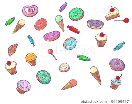 Confectionery sweets candy cupcake donut cake ice cream. birthday background 96309457