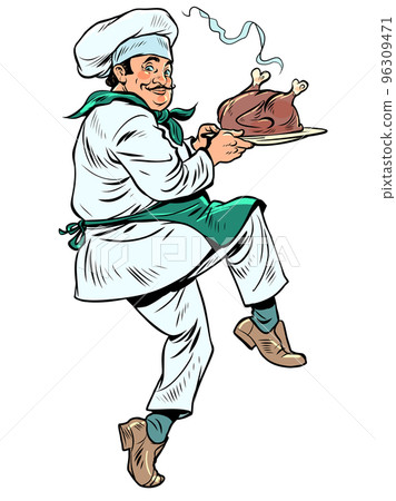 cook with roast turkey, poultry cooking and roasting, professional worker in restaurant 96309471