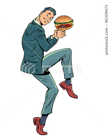 Businessman in a funny pose. whopper burger in hands, street food Businessman in a funny pose. whopper burger in hands, street food 96309472