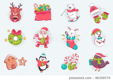 Christmas cute stickers set in flat cartoon design. Happy reindeer drinks cocoa, bag of gifts, polar bear on skis, Santa Claus, wreath and other. Vector illustration for planner or organizer template 96309570