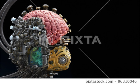 Human brain with neuralink augmentation. Neural networks and artificial intelligence. Creating a computer mind. 3D illustration of the application of innovation in science. Human brain with neuralink augmentation. Neural networks and artificial intelligence. Creating a computer mind. 3D illustration of the application of innovation in science. 96310046