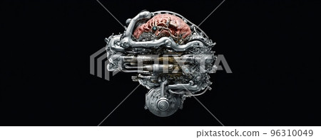 Human brain with neuralink augmentation. Neural networks and artificial intelligence. Creating a computer mind. 3D illustration of the application of innovation in science.  96310049