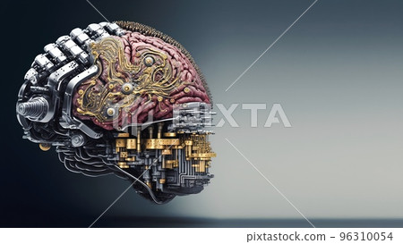 Human brain with neuralink augmentation. Neural networks and artificial intelligence. Creating a computer mind. 3D illustration of the application of innovation in science. Human brain with neuralink augmentation. Neural networks and artificial intelligence. Creating a computer mind. 3D illustration of the application of innovation in science. 96310054